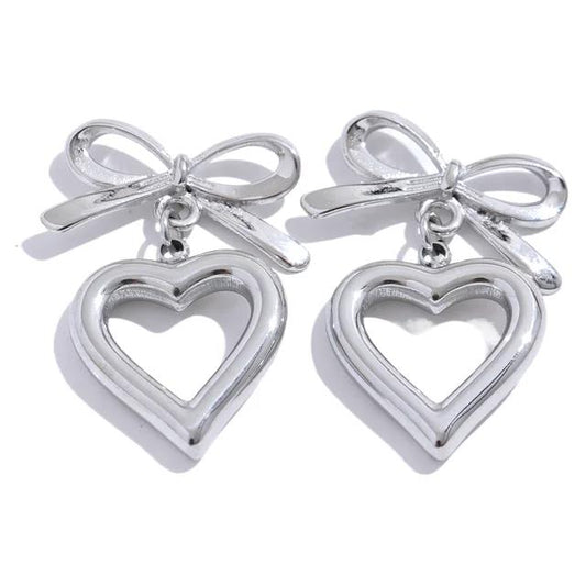 Silver Bow Tie Heart Drop Earrings