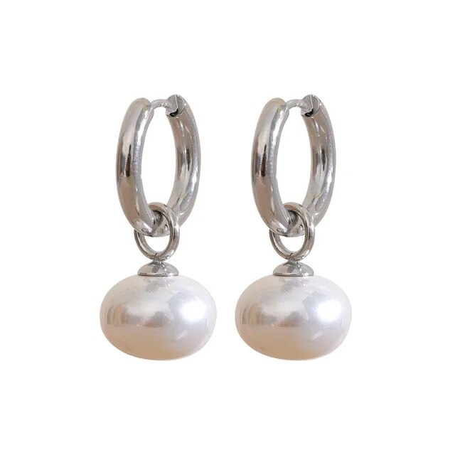 Silver Gold Pearl Drop Hoop Earrings