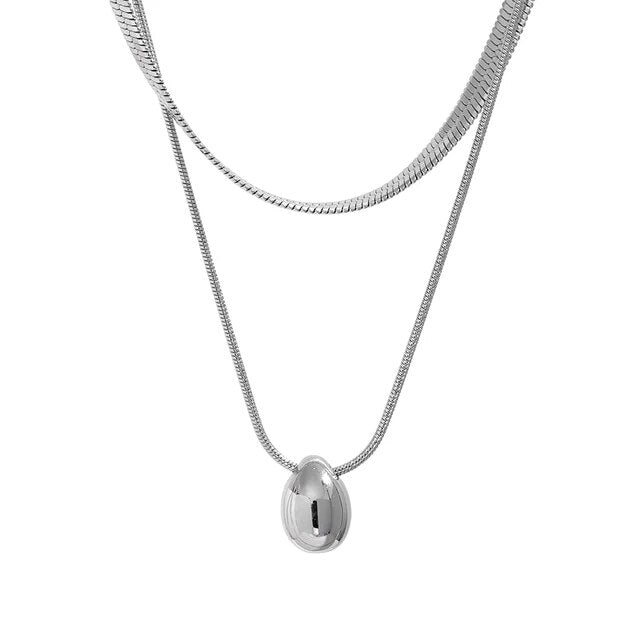 Silver Double Layer Drop Pendant Necklace