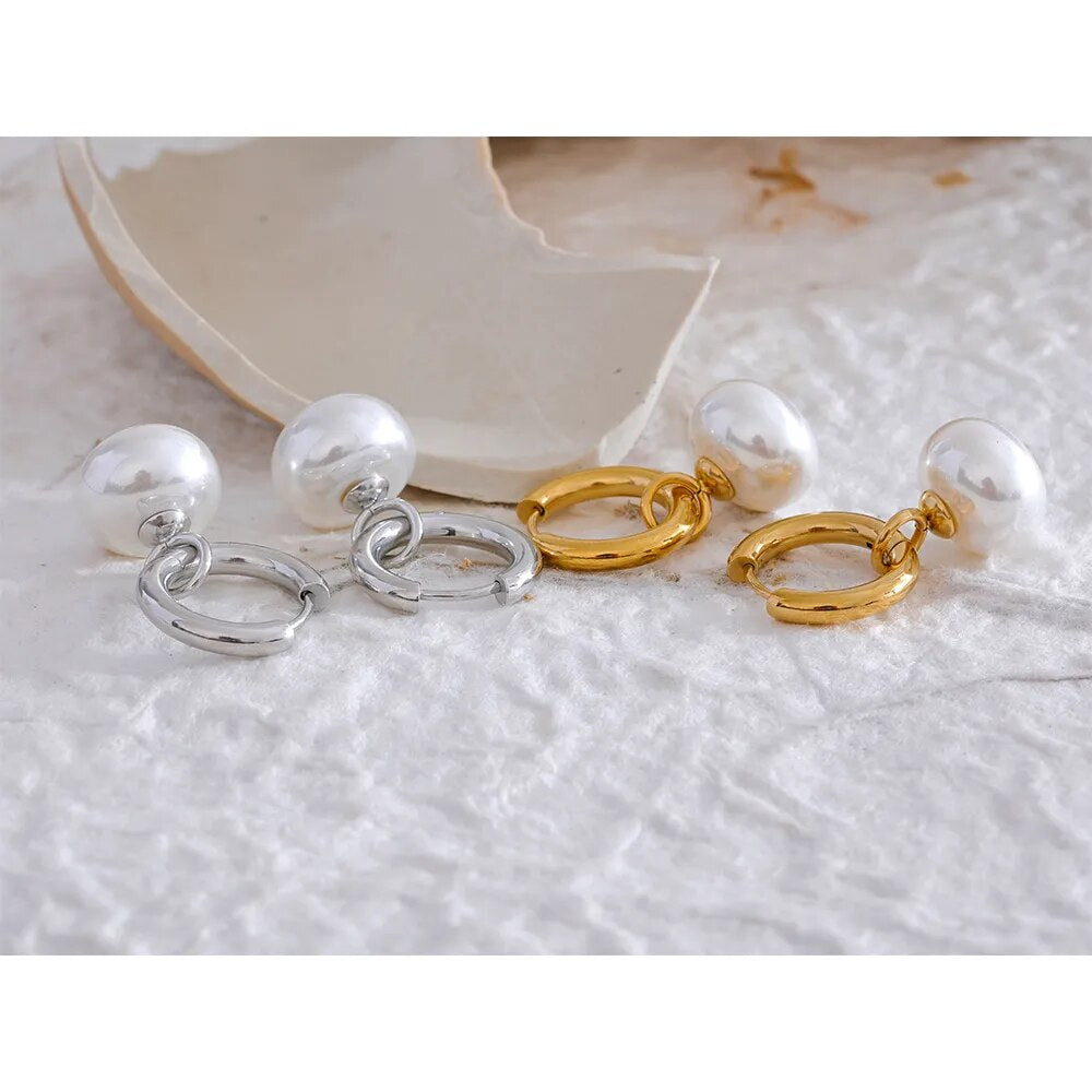 Silver Gold Pearl Drop Hoop Earrings
