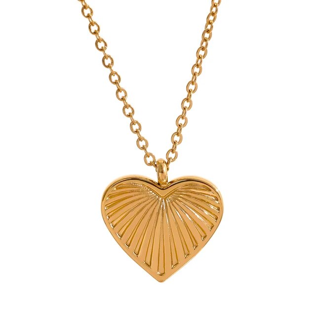 Gold Ridged Heart Pendant Necklace