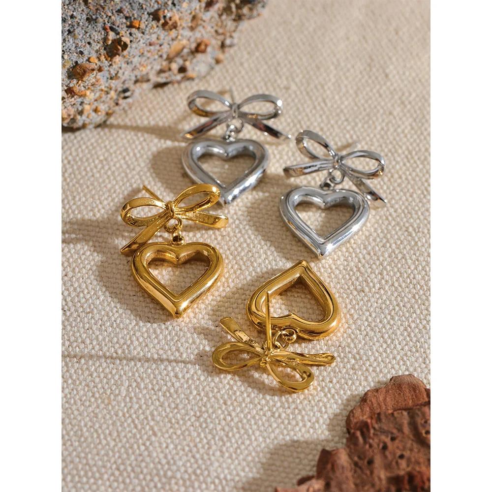 Gold Bow Tie Heart Drop Earrings