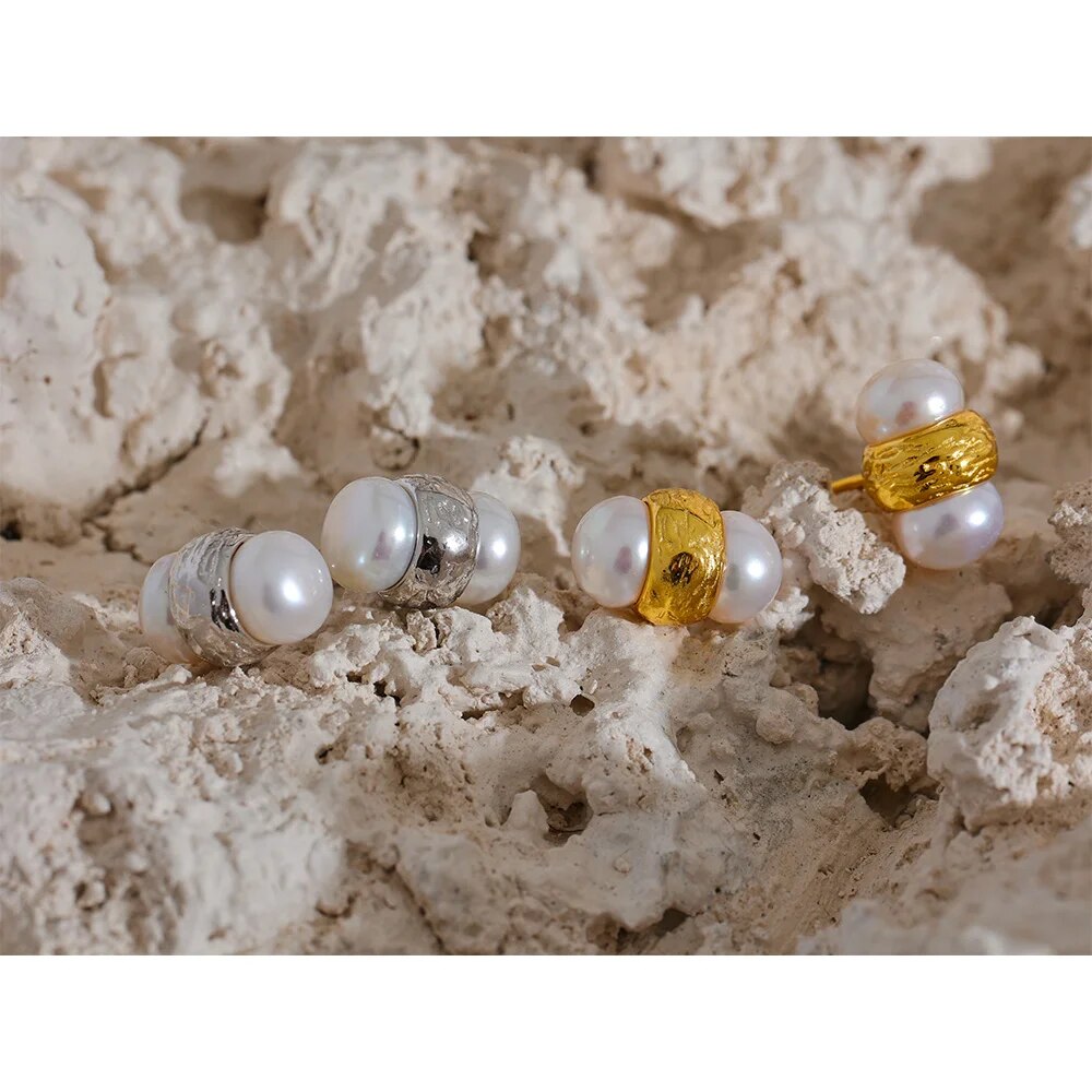 Sterling Silver Wrapped Pearl Stud Earrings in Gold